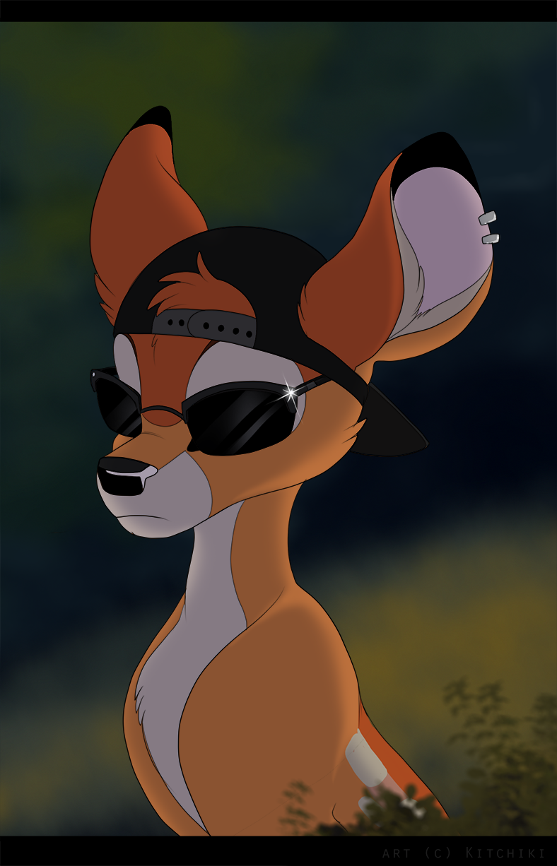 backwards_baseball_cap backwards_hat baseball_cap black_bars black_nose brown_body brown_fur clothing ear_piercing eyewear feral fur hat headgear headwear male piercing smug solo sunglasses swag young kitchiki bambi_(film) disney bambi deer mammal mule_deer new_world_deer hi_res