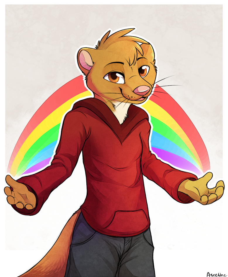 5_fingers anthro brown_body brown_fur clothed clothing fingers fur hoodie looking_at_viewer male orange_eyes rainbow solo standing topwear whiskers aseethe matix mammal mustelid otter 2018 digital_media_(artwork)