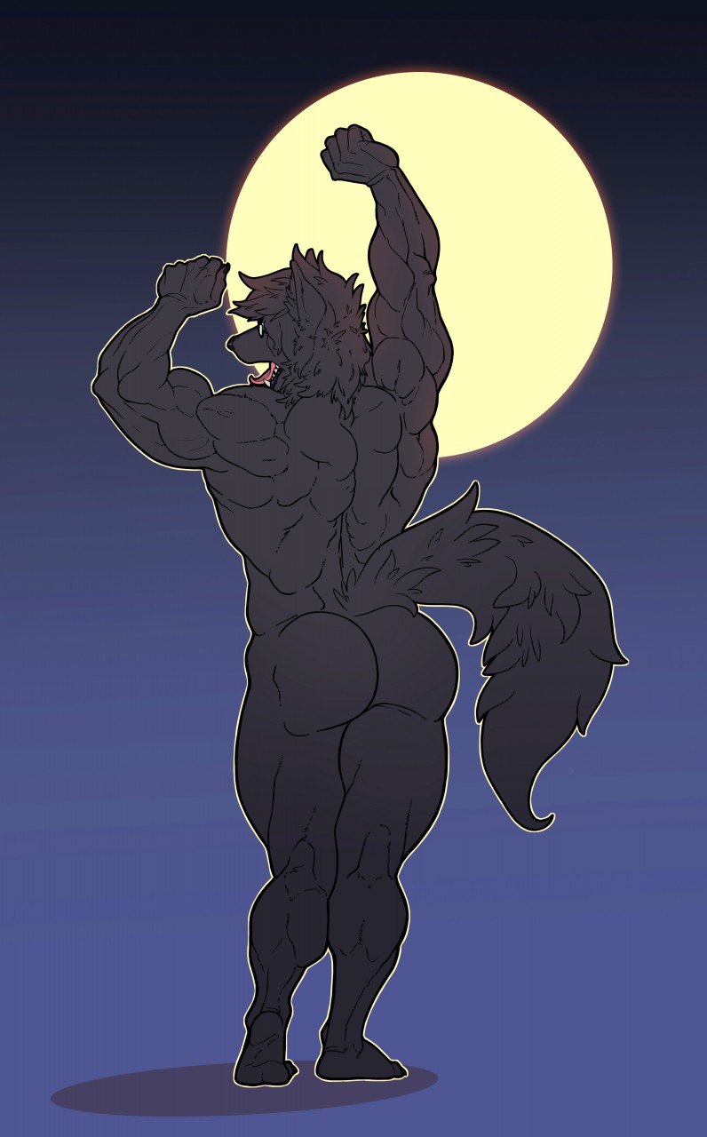 anthro arms_above_head back_muscles biceps biped black_body black_fur border butt full_moon fur looking_back male moon muscular muscular_anthro nude open_mouth outline purple_background raised_tail rear_view simple_background solo standing stretching tail white_border yawn yellow_outline varkham varkham_(artist) anonym0use nova_(anonym0use) rowrow canid canine canis mammal wolf 2018 digital_media_(artwork) full-length_portrait hi_res portrait