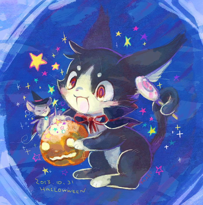 ambiguous_gender candy clothing costume dessert duo feral food fruit holidays kemono lollipop magic_user open_mouth plant pumpkin red_eyes mabo_(artist) halloween domestic_cat felid feline felis mammal mouse murid murine rodent