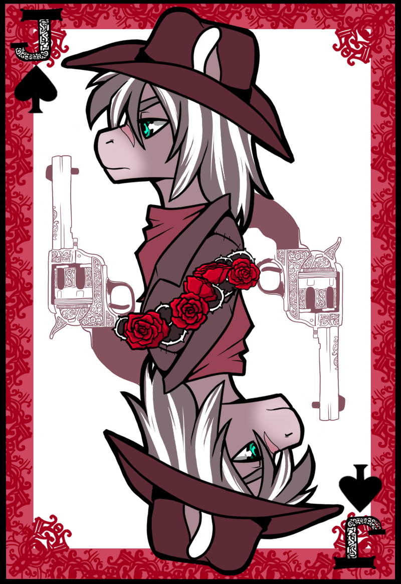 black_border border card card_template clothing cowboy_hat feral flower frown fur furgonomics green_eyes gun hair handgun hat headgear headwear jack_of_spades long_hair male plant playing_card playing_card_template ranged_weapon revolver rose_(flower) scar solo spades_(suit) suit_symbol symmetry symmetry_(rotational) weapon monstrenoir hasbro my_little_pony fan_character earth_pony equid equine horse mammal pony