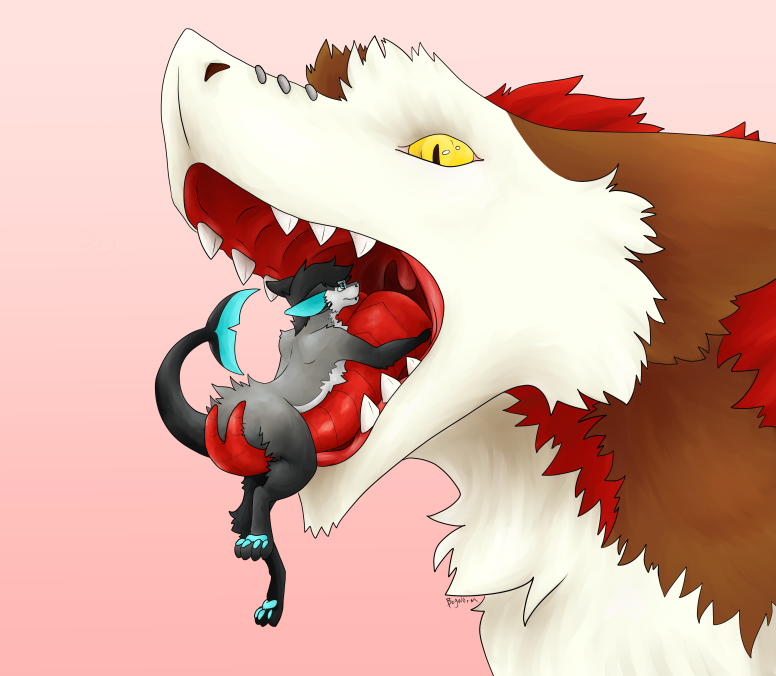 anthro duo ear_piercing fur imminent_vore male male/male micro mouth_shot open_mouth oral_vore piercing simple_background tail tongue tongue_riding uvula vore white_body white_fur unfortunatelyalive odin_(wulframite) wulframite canid canine fish furred_shark hybrid mammal manokit marine sergal shark