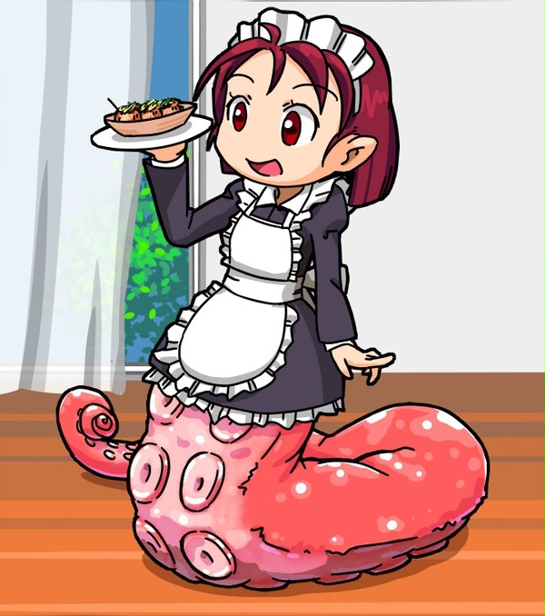 bottomless clothed clothing female food hair inside legless maid_headdress maid_uniform red_eyes red_hair solo takoyaki tentacles uniform what akai animal_humanoid cephalopod cephalopod_humanoid humanoid hybrid marine marine_humanoid mollusk mollusk_humanoid octopus_humanoid octopus_taur taur