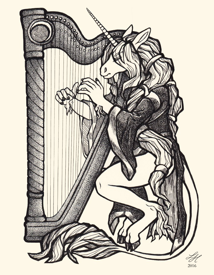 anthro clothed clothing female fur harp horn musical_instrument playing_music plucked_string_instrument robe simple_background solo string_instrument white_background laylah-art mythology equid equine mammal mythological_creature mythological_equine unicorn black_and_white monochrome