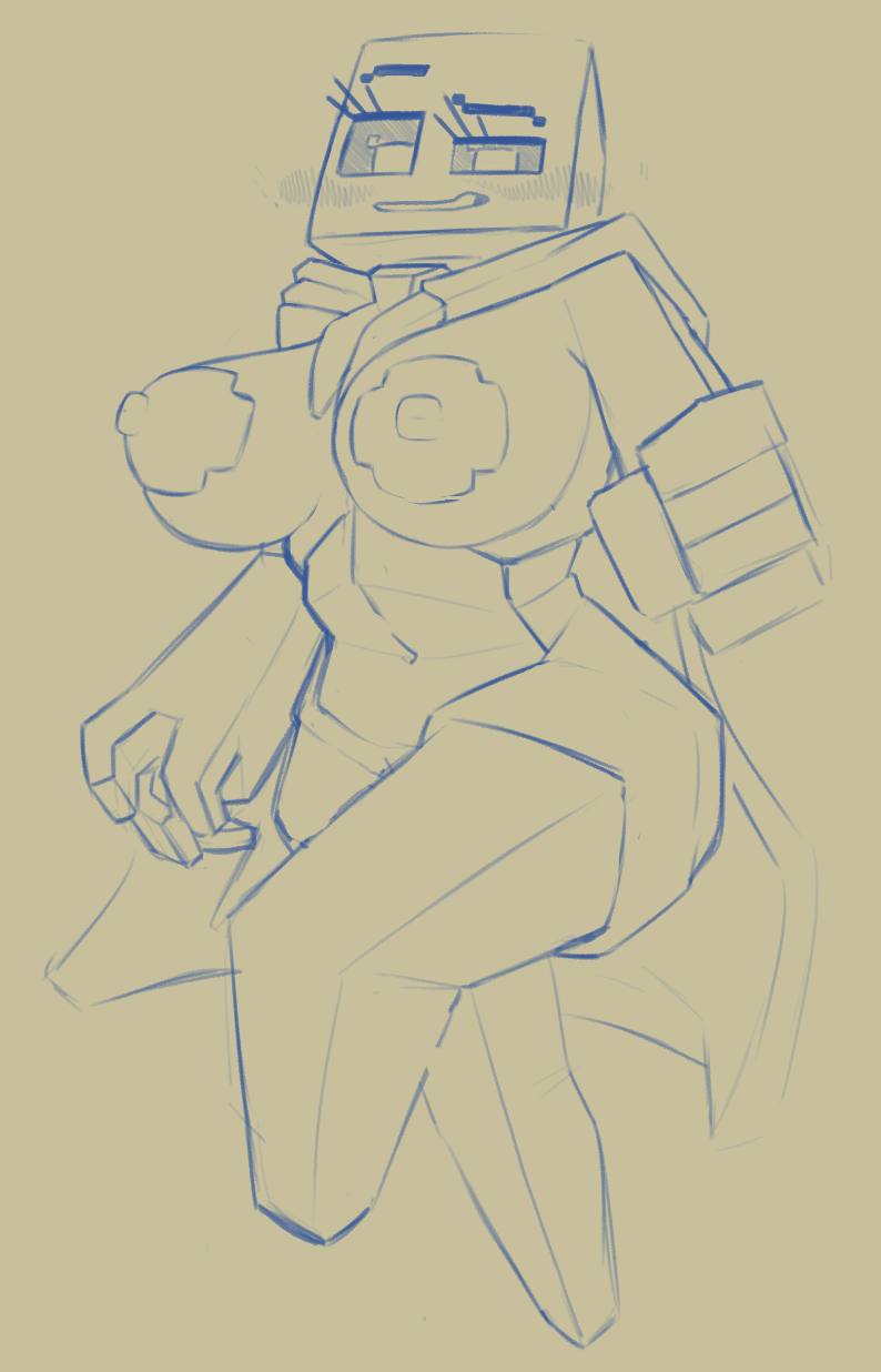 anthro big_breasts block breasts cape clothing female looking_at_viewer solo square square_eyes numb_digga_(artist) microsoft minecraft mojang xbox_game_studios unknown_species character_request hi_res sketch