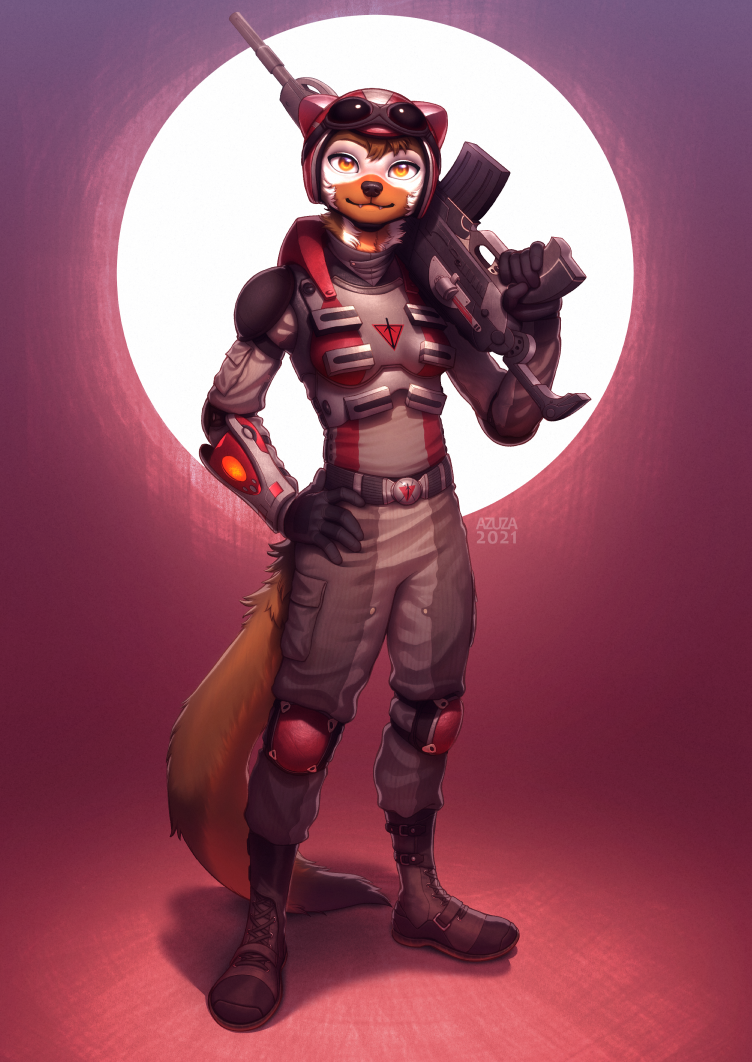 anthro armor black_nose boob_armor bottomwear brown_body brown_fur clothed clothing eyewear eyewear_on_head fangs female fur goggles goggles_on_head grey_armor grey_bottomwear grey_clothing grey_pants hand_on_hip headgear helmet holding_object holding_weapon mouth_closed orange_body orange_eyes orange_fur pants simple_background solo standing teeth weapon white_body white_fur azuza planetside_2 terran_republic gulonine mammal marten mustelid musteline 2021 artist_name dated full-length_portrait portrait