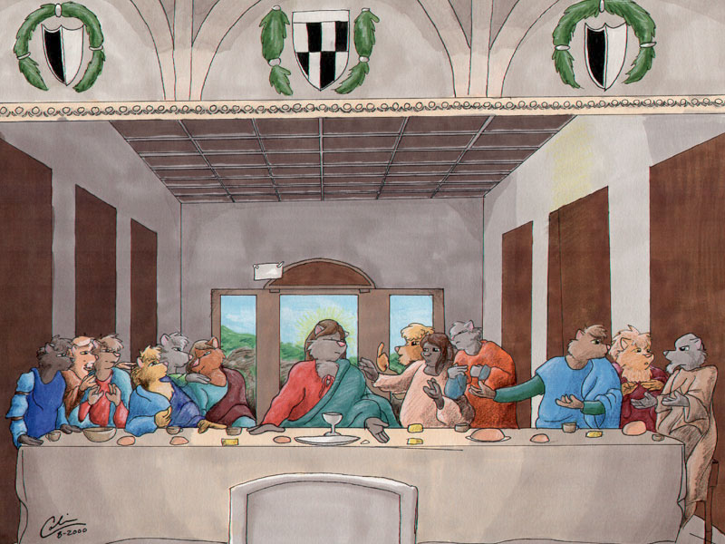 anthro bowl clothed clothing container crest_(heraldry) cup detailed_background food furniture gesture goblet group inside looking_at_another male plate religion robe sitting symbol table window guppy_(artist) the_last_supper jesus_christ canid canine canis felid lion mammal pantherine wolf 2000 4:3 inspired_by_formal_art meme signature