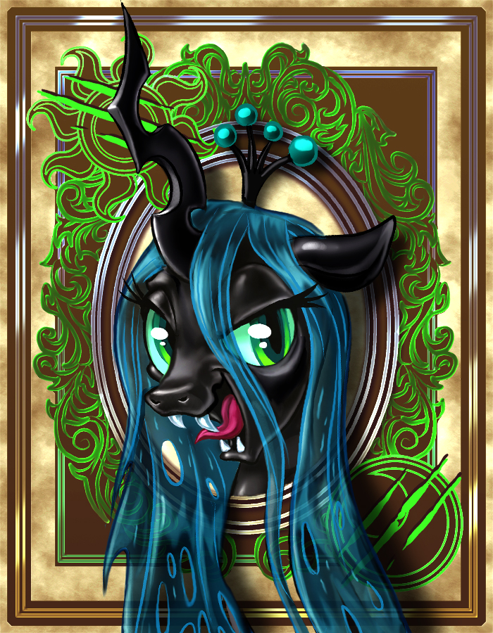 border female green_eyes green_hair hair hole_(anatomy) long_hair looking_at_viewer ornate_border portrait_(object) pupils slit_pupils solo tongue tongue_out harwick friendship_is_magic hasbro my_little_pony queen_chrysalis_(mlp) arthropod changeling 2013 bust_portrait portrait