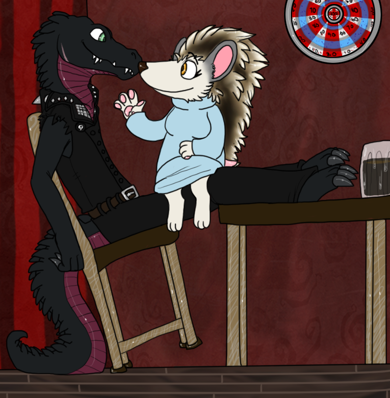 alcohol beer beverage chair clothing dartboard duo female food furniture leaning male metal short skyfolk spikes studs table tail tall topwear vest vonderdevil crocodile crocodilian eulipotyphlan hedgehog mammal reptile scalie