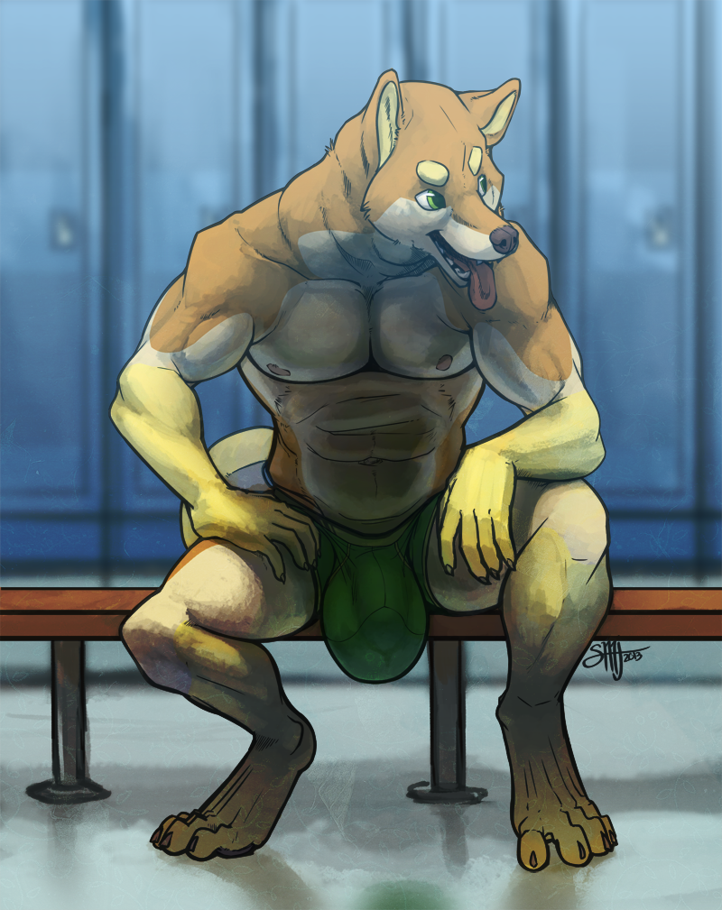 4_toes 5_fingers abs anthro athletic biceps big_bulge biped black_nose boxer_briefs brown_body brown_fur bulge claws clothed clothing detailed_bulge digitigrade fangs feet fingers front_view fur genital_outline green_clothing green_eyes green_underwear grin inside locker locker_room male muscular muscular_anthro muscular_male nipples open_mouth pecs penis_outline pose sitting smile solo tan_body tan_fur teeth toe_claws toes tongue tongue_out topless underwear white_body white_fur yellow_body yellow_fur suck_mcjones mason_(suck_mcjones) akita akita_inu canid canine canis domestic_dog mammal spitz 2013 digital_media_(artwork) signature