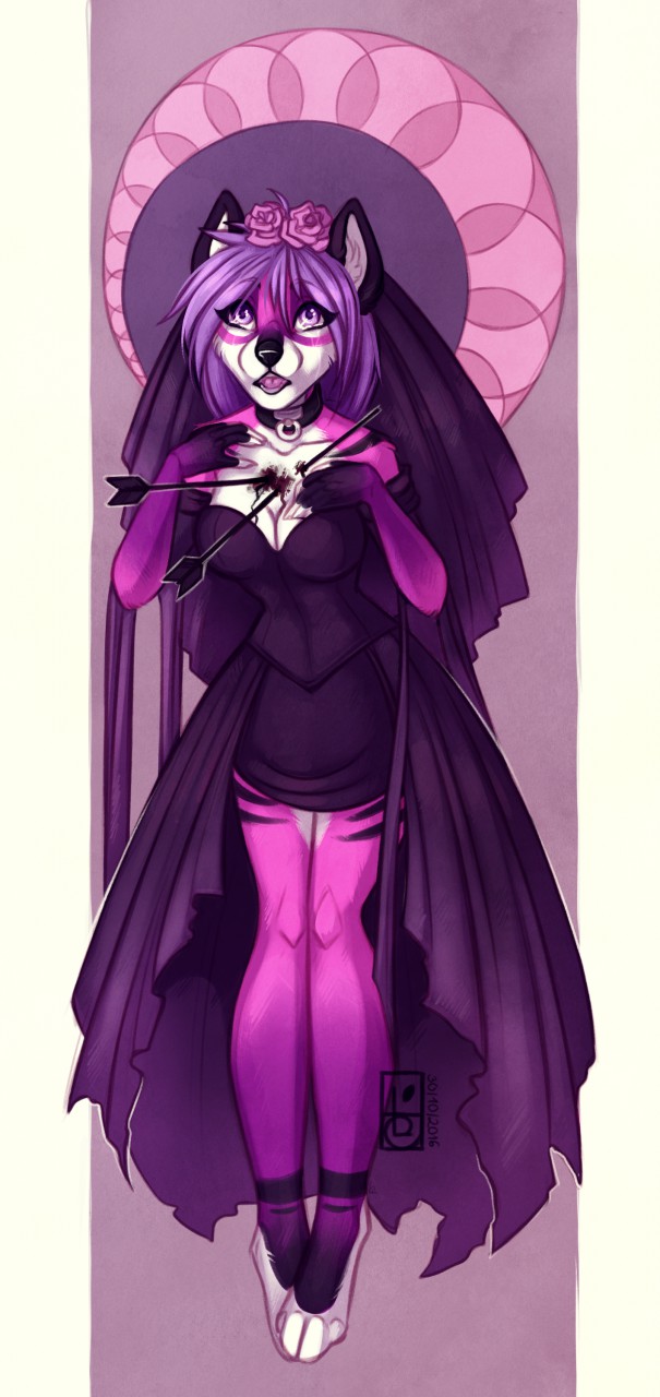 anthro arrow_(weapon) art_nouveau blood bodily_fluids breasts clothed clothing collar female flower gown hair plant purple_eyes purple_hair ranged_weapon rose_(flower) solo tears veil weapon felidre_(artist) selene_leni canid canine fox mammal hi_res