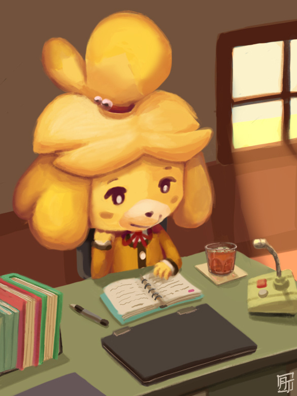 anthro beverage blonde_hair book clothing container cup female floppy_ears hair sitting smile solo window alex-toons animal_crossing nintendo isabelle_(animal_crossing) canid canine canis domestic_dog mammal 2022 3:4 signature