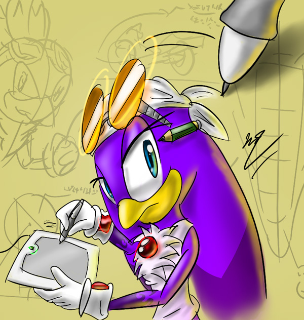 anthro beak blue_eyes breaking_the_fourth_wall clothing creating_art drawing drawing_(action) drawing_tablet drawn_over eyewear female goggles kerchief pencil_(object) purple_body recursion solo sunglasses tablet tablet_pen what psuc sega sonic_riders sonic_the_hedgehog_(series) jet_the_hawk wave_the_swallow accipitrid accipitriform avian bird hirundinid oscine passerine swallow_(bird) digital_drawing_(artwork) digital_media_(artwork) mixed_media sketch sketch_page