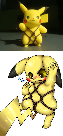 ambiguous_gender bdsm blush bondage bound feral photo restraints rope rope_bondage rope_harness simple_background solo white_background box_xod nintendo pixiv pokemon generation_1_pokemon mammal pikachu pokemon_(species) rodent 2009 low_res