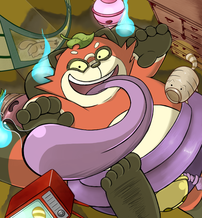 anthro big_tongue bodily_fluids fire humanoid_hands leaf long_tongue looking_at_viewer male multi_tail overweight overweight_anthro overweight_male purple_tongue saliva solo tail tongue tongue_out aqui paqaaqap level-5 yo-kai_watch teastroyer canid canine mammal raccoon_dog tanuki 2015