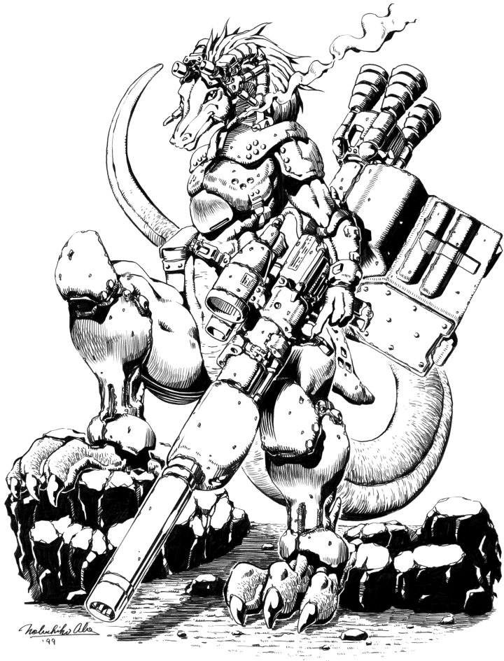 anthro barefoot bfg biped convincing_weapon feet gun male ranged_weapon smoke solo standing step_pose tail war weapon karabiner dinosaur prehistoric_species reptile scalie 1999 black_and_white full-length_portrait monochrome pen_(artwork) portrait sketch traditional_media_(artwork)