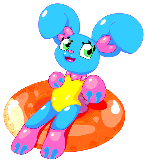 anthro blue_body clothing female green_eyes inflatable inner_tube one-piece_swimsuit pink_body solo swimwear yellow_clothing yellow_swimwear smurli fakemon cotton_bunny_(smurli) lagomorph mammal alpha_channel