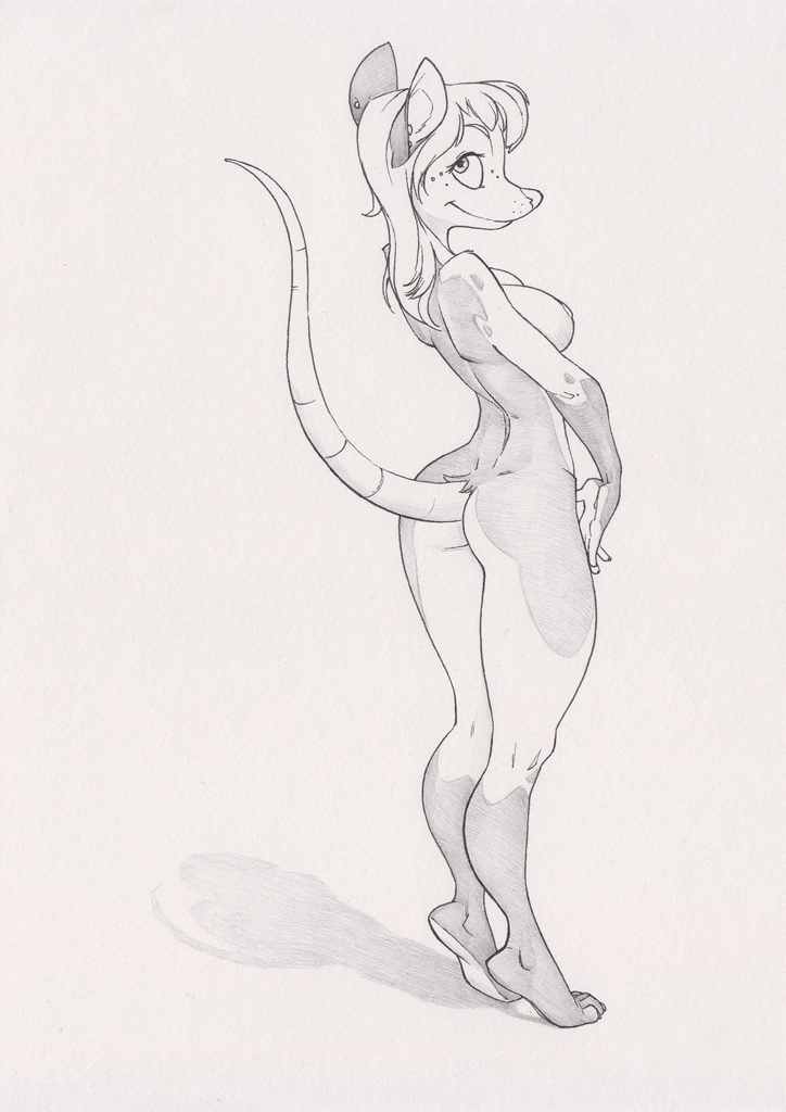 anthro breasts butt ear_piercing female nipples nude perky_butt piercing plantigrade playful pose side_boob simple_background slim smile solo tiptoes white_background yulliandress cheyenne_(lonmo) american_opossum mammal marsupial virginia_opossum 2015 monochrome