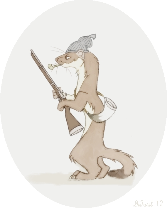 anthro feral gun holding_object male musket parody pipe ranged_weapon solo toque weapon defuret mammal mustelid musteline stoat true_musteline weasel