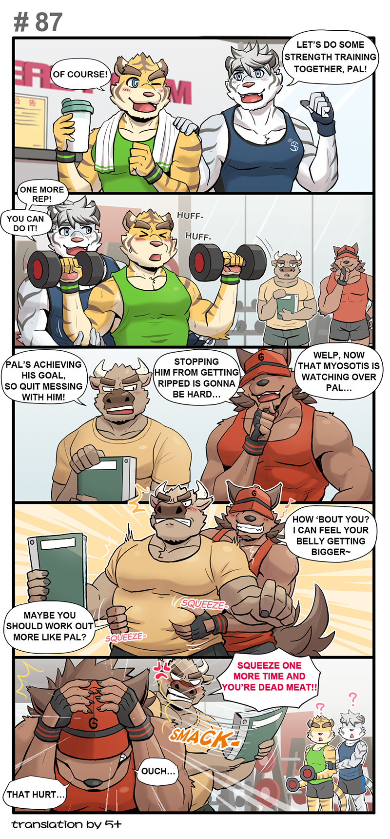 anthro belly_grab clothing dialogue exercise hand_on_shoulder hat headgear headwear male question_mark shirt tank_top text topwear weightlifting workout h155296 gym_pals boss_(gym_pals) manager_(gym_pals) myosotis_(gym_pals) pal_(gym_pals) bovid bovine canid canine canis cattle felid mammal pantherine tiger wolf comic english_text hi_res