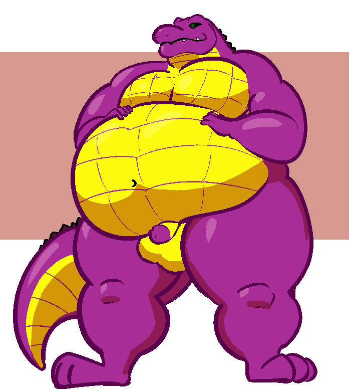 anthro balls belly big_belly flaccid genitals glans hand_on_belly humanoid_genitalia humanoid_penis looking_at_viewer looking_down male musclegut muscular navel pecs penis purple_body smug solo standing thick_thighs yellow_belly grungebeetle octariax alligator alligatorid crocodilian reptile scalie