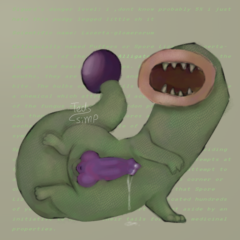 3_fingers 3_toes animal_genitalia animal_penis anus big_mouth_(anatomy) crocodilian_genitalia crocodilian_penis eyeless feet feral fingers genitals green_body green_text male noseless open_mouth penis purple_penis scales solo tail teeth text text_in_background toes ted-simp lethal_company alligatorid crocodilian reptile scalie spore_lizard_(lethal_company) 1:1