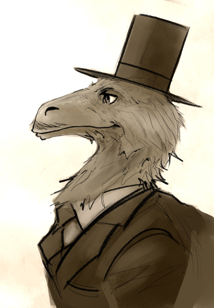 clothing facial_hair feathers feral gentleman hat headgear headwear male scales simple_background solo suit top_hat psuedofolio chaptor dinosaur dromaeosaurid feathered_dinosaur feathered_scalie prehistoric_species reptile scalie theropod headshot_portrait monochrome portrait