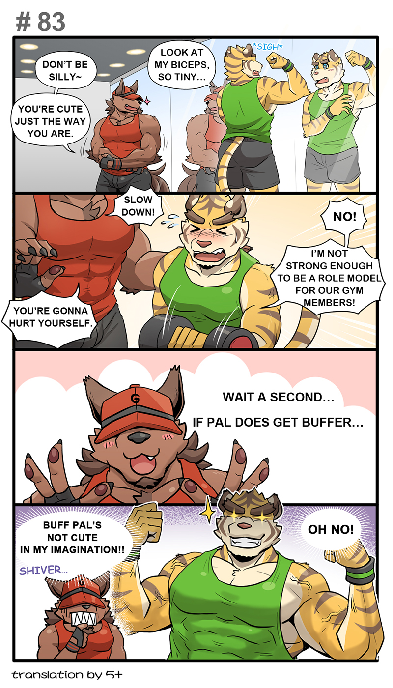 anthro clothing dialogue exercise flexing hat headgear headwear male mirror muscular shirt tank_top text topwear weightlifting workout h155296 gym_pals boss_(gym_pals) pal_(gym_pals) canid canine canis felid mammal pantherine tiger wolf 4:7 comic english_text hi_res