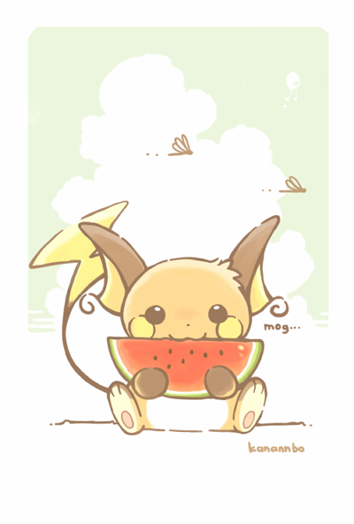 :3 ambiguous_gender blush blush_stickers eating featureless_crotch food fruit group holding_food holding_object looking_at_viewer melon plant solo_focus text watermelon watermelon_slice kanannbo nintendo pokemon ambient_arthropod ambient_dragonfly ambient_insect arthropod dragonfly generation_1_pokemon insect mammal pokemon_(species) raichu rodent 2016 english_text signature