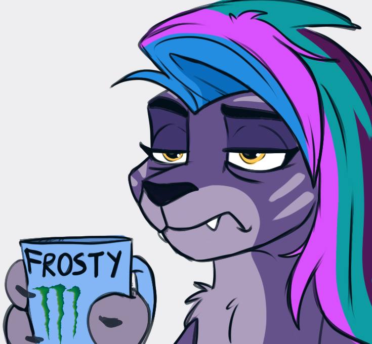 amber_eyes container cup fangs female feral fur hair multicolored_hair purple_body purple_fur simple_background solo teeth white_background rutkotka hasbro mlp_g5 monster_energy my_little_pony allura_(mlp) felid mammal pantherine snow_leopard reaction_image