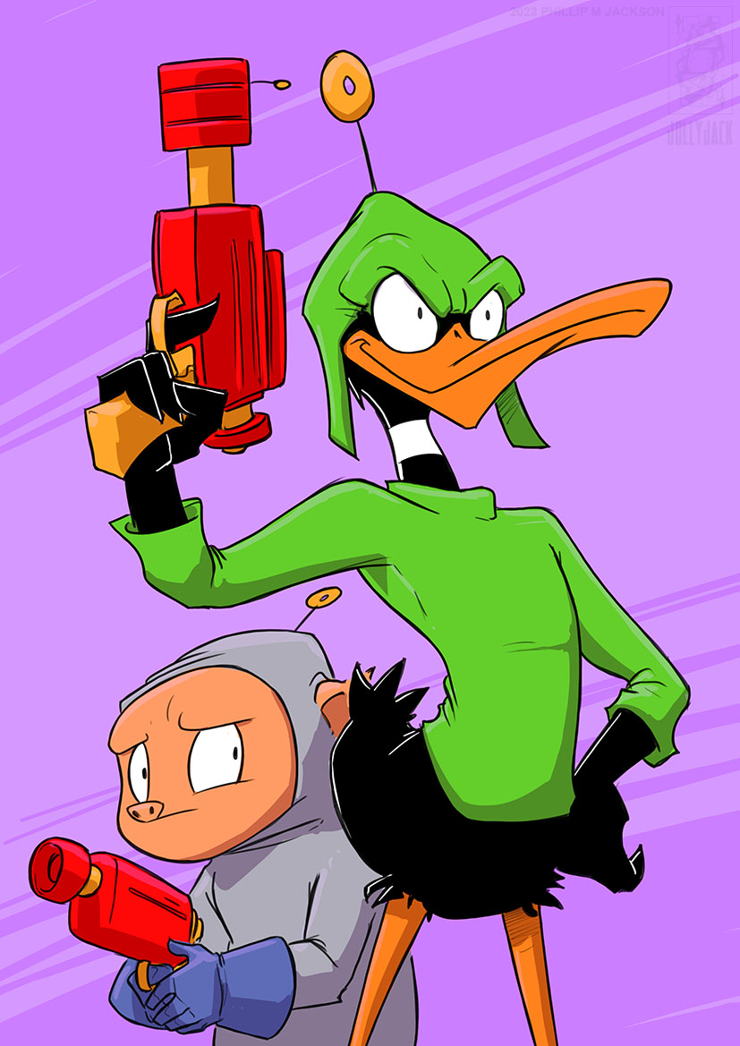 anthro black_body black_eyes black_feathers bottomless clothed clothing duo feathers fully_clothed gloves handwear male purple_background ranged_weapon raygun retrofuturism scared simple_background smile tan_body tan_skin weapon conditional_dnp jollyjack duck_dodgers looney_tunes warner_brothers daffy_duck porky_pig anatid anseriform avian bird domestic_pig duck mammal suid suina sus_(pig) 2023