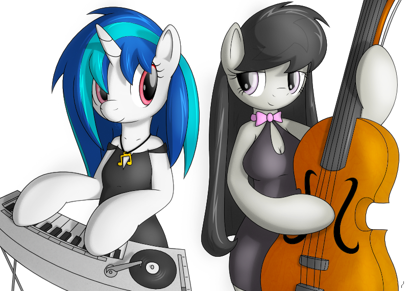 anthro anthrofied black_hair bowed_string_instrument breasts cello cleavage clothed clothing dress duo electronic_musical_instrument electronics female hair horn jewelry long_hair multicolored_hair musical_instrument playing_music purple_eyes red_eyes string_instrument synthesizer two_tone_hair tg-0 friendship_is_magic hasbro my_little_pony mythology octavia_(mlp) vinyl_scratch_(mlp) earth_pony equid equine horse mammal mythological_creature mythological_equine pony unicorn