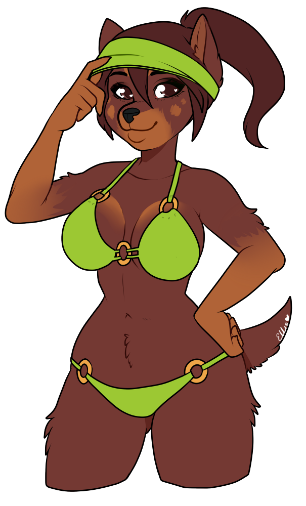 accessory anthro bikini biped breasts brown_body brown_eyes brown_fur brown_hair clothed clothing female front_view fur hair headband looking_at_viewer simple_background solo standing swimwear transparent_background two-piece_swimsuit infected-ellis canid canine canis domestic_dog mammal alpha_channel digital_media_(artwork) portrait three-quarter_portrait