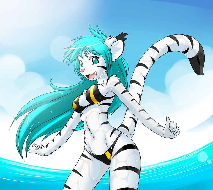 alternate_species anthro belly bikini biped blue_eyes blue_hair breasts clothed clothing cloud crossgender detailed_background fangs female fur furrification hair happy light long_hair looking_at_viewer navel open_mouth outside pose sea seascape skimpy sky smile solo standing stripes sun sunlight swimwear teeth tongue two-piece_swimsuit water wet white_belly white_body white_fur nekonny twokinds tiger_trace felid keidran mammal pantherine tiger