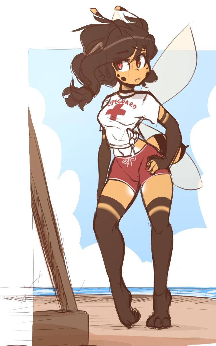 antennae_(anatomy) arthropod_abdomen beach black_hair border bottomwear breasts clothed clothing cloud day female gloves_(marking) hair hand_on_hip head_turned leg_markings lifeguard long_hair looking_aside markings navel outside red_eyes sand seaside shirt shorts socks_(marking) solo standing stinger text text_on_clothing text_on_shirt text_on_topwear topwear wasp_wings water white_border raydio vanessa_(raydio) animal_humanoid arthropod arthropod_humanoid humanoid hymenopteran hymenopteran_humanoid insect insect_humanoid wasp_humanoid digital_media_(artwork) english_text hi_res