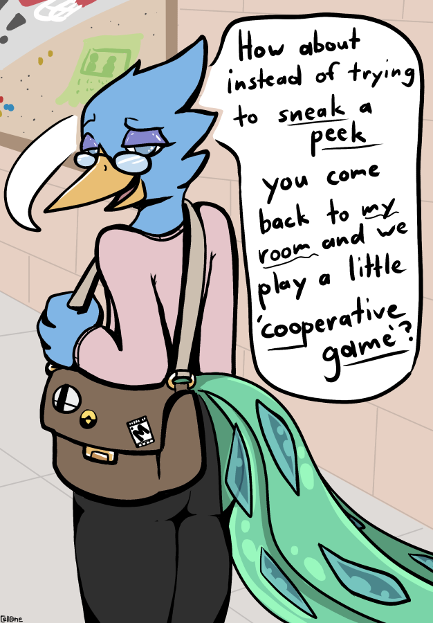 ambiguous_gender anthro bag beak bedroom_eyes big_tail blue_body blue_eyelids blue_eyes blue_feathers bottomwear butt clothed clothing dialogue eyewear feathers fully_clothed glasses inside inviting looking_at_viewer looking_back multicolored_tail narrowed_eyes open_beak open_mouth open_smile pants seductive smile solo speech_bubble standing sweater tail text topwear cellcone deltarune nintendo reboot super_smash_bros. undertale_(series) berdly avian bird galliform indian_peafowl peafowl phasianid digital_drawing_(artwork) digital_media_(artwork) english_text signature