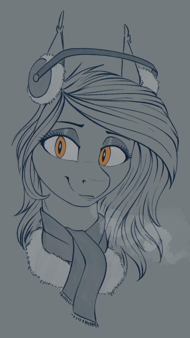 amber_eyes ear_tuft earmuffs eyelashes eyeshadow female feral fur_trim makeup pupils scarf slit_pupils solo steam steam_from_mouth tuft stray_prey hasbro my_little_pony fan_character flare_(stray_prey) bat_pony equid mammal restricted_palette