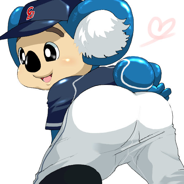 anthro ball baseball_uniform biped black_eyes blue_body blue_fur blush bottomwear butt clothed clothing fully_clothed fur heart_symbol inner_ear_fluff kemono looking_back male mascot open_mouth pants rear_view shirt simple_background smile solo sportswear standing tongue topwear tuft uniform white_background white_body white_fur chikuwabu chunichi_dragons nippon_professional_baseball doala koala mammal marsupial vombatiform 1:1