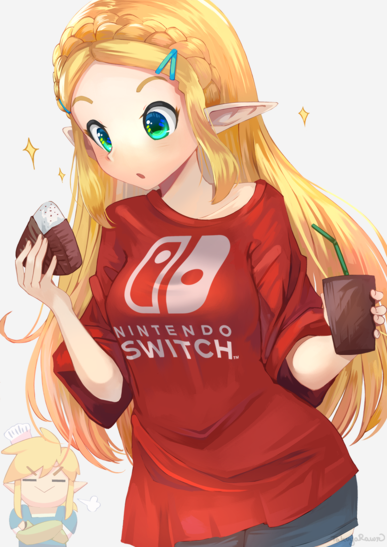 beverage blonde_hair breasts clothing duo female food green_eyes hair humanoid_pointy_ears light_body light_skin male not_furry open_mouth pointy_ears simple_background solo_focus takuyarawr breath_of_the_wild nintendo the_legend_of_zelda link princess_zelda humanoid hylian 2023 signature