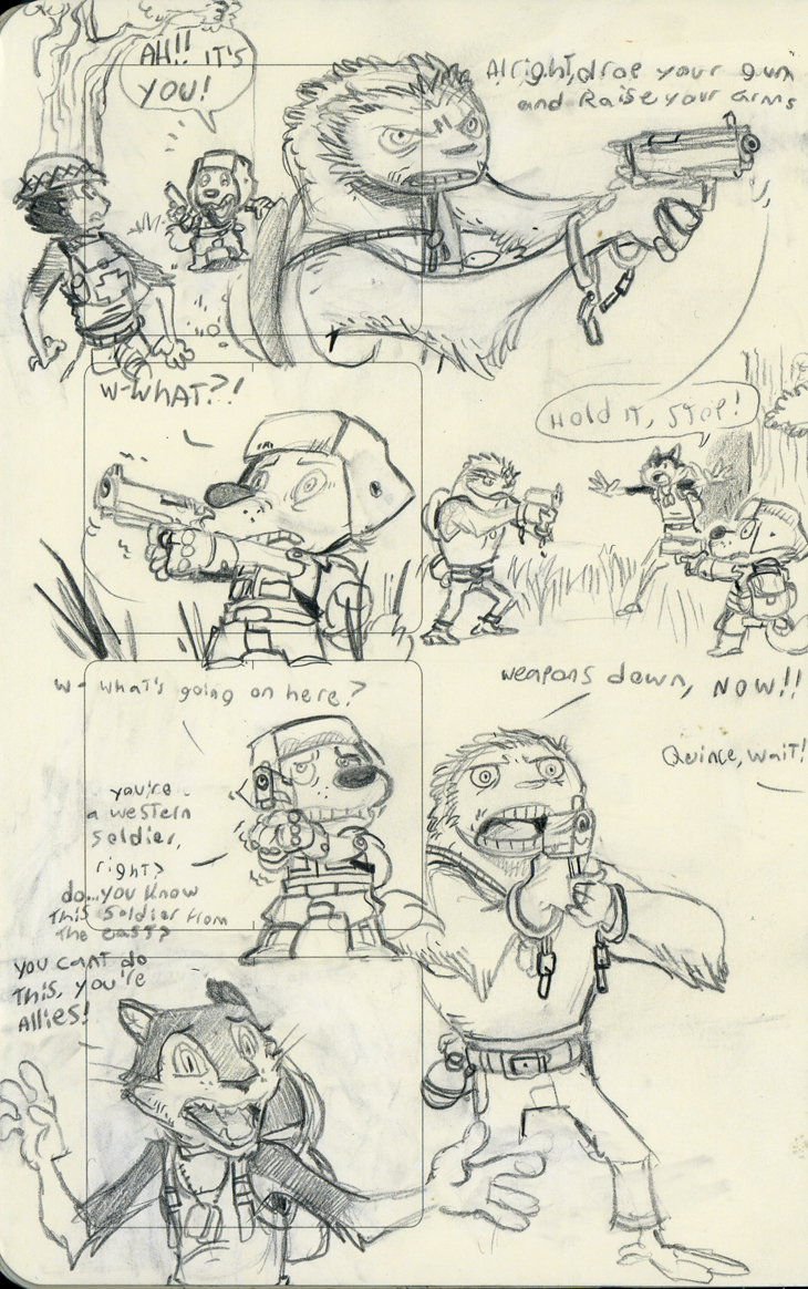 anthro armor backpack belt bottomwear clothing dialogue explosives grass grenade group gun hat headgear headwear helmet lupine_and_scott male medic_cross mexican_standoff open_mouth outside outstretched_arms pants plant ranged_weapon shirt shocked speech_bubble tall_grass tank_top teeth_showing text tongue_showing topwear trio weapon whiskers ayato albert_lupine places_gibbard quince_(ayato) domestic_cat felid feline felis mammal pilosan sloth xenarthran comic english_text monochrome traditional_media_(artwork)