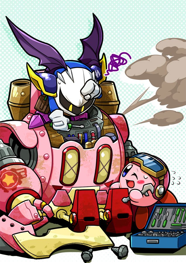 annoyed armor blue_eyes blush clothing duo eyewear gloves goggles handwear hat headgear headwear machine male mask mecha membrane_(anatomy) membranous_wings one_eye_closed open_mouth shoulder_pads smoke tools wings wink yellow_eyes nabla_(pixiv) kirby:_planet_robobot kirby_(series) nintendo kirby meta_knight alien waddling_head 2016