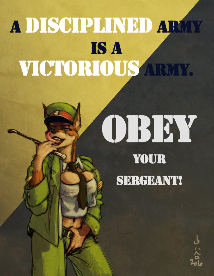 anthro belt bottomwear clothed clothing female hat headgear headwear military pants pointy_ears prick_ears propaganda riding_crop shirt simple_background solo tank_top text topwear whip dastardlydevil canid canine canis dobermann domestic_dog mammal pinscher english_text