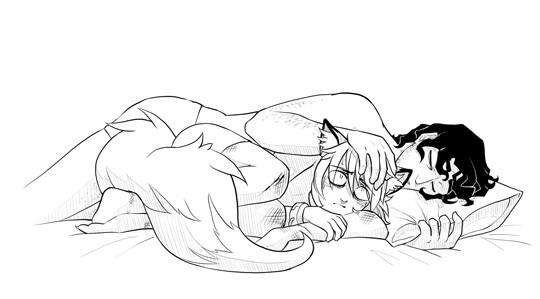 captured cuddling curled_up duo fluffy fluffy_tail hand_on_head male male/male scared size_difference sleeping tail wounded gatobob boyfriend_to_death ren_hana strade_(gatobob) animal_humanoid beastkin_(gatobob) canid canid_humanoid canine canine_humanoid fox_humanoid human humanoid mammal mammal_humanoid monochrome