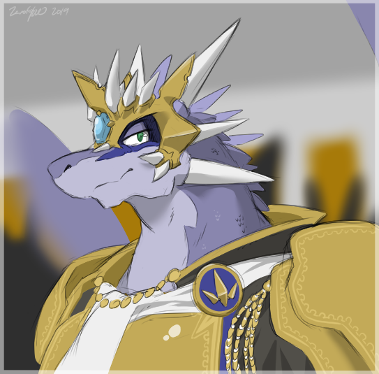 anthro armor biped crown green_eyes headgear horn king looking_at_viewer male royalty smile solo symbol yellow_armor zerofox1000 european_mythology mythology king_maephalus_ix_(zerofox) dragon mythological_creature mythological_scalie scalie western_dragon 2019 colored signature