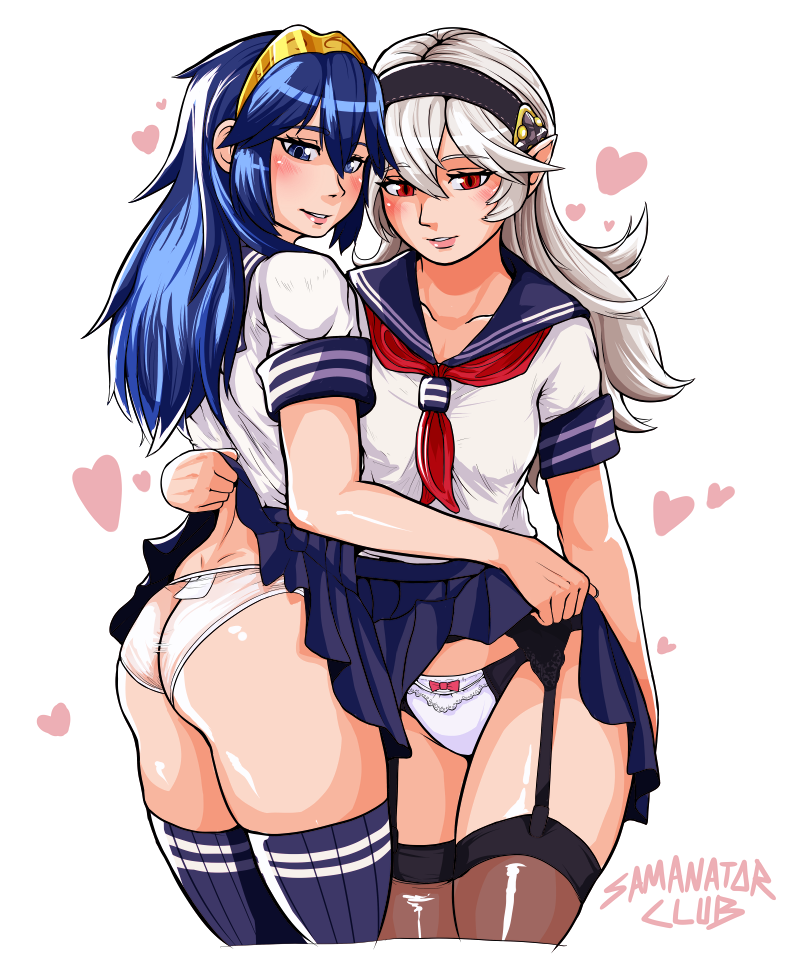 assisted_exposure blue_eyes blue_hair bottomwear bow_panties bow_underwear breasts butt clothed clothing clothing_lift collarbone crown duo eyelashes female female/female garter_straps hair headgear heart_symbol humanoid_on_humanoid humanoid_pointy_ears legwear long_hair not_furry panties partially_clothed pointy_ears red_eyes skirt skirt_lift smile thigh_highs tiara translucent translucent_clothing translucent_underwear underwear uniform upskirt white_clothing white_panties white_underwear samanator_club fire_emblem fire_emblem_awakening fire_emblem_fates nintendo corrin_(fire_emblem) corrin_(fire_emblem)_(female) lucina_(fire_emblem) human humanoid mammal digital_media_(artwork)