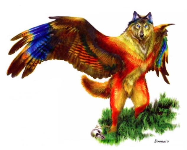 feathered_wings feathers fur male multicolored_body multicolored_fur rainbow_body rainbow_fur role-playing_game scan solo sparklefur super_gay wings larry_dixon dungeons_and_dragons hasbro wizards_of_the_coast canid hybrid mammal senmurv official_art