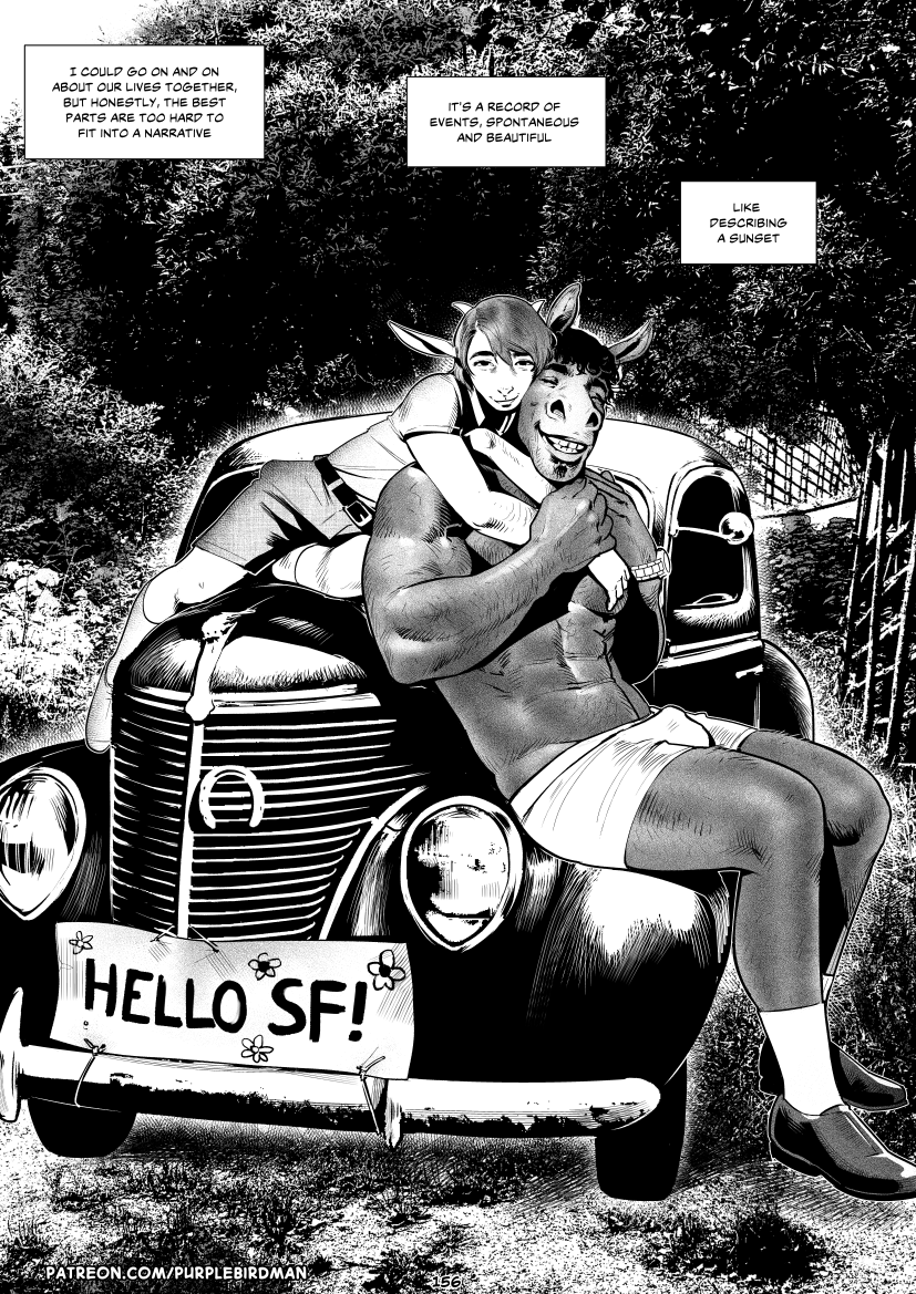 5_fingers anthro bottomwear buckle bulge clothing duo fingers footwear fur greeting hair hug looking_at_viewer male male/male muscular muscular_anthro muscular_male on_car page_number pants shoes size_difference socks speech_bubble tail text underwear falcon_mccooper cody_(falcon_mccooper) william_(falcon_mccooper) bovid bovine caprine equid equine goat horse mammal 2023 black_and_white comic digital_drawing_(artwork) digital_media_(artwork) english_text monochrome url