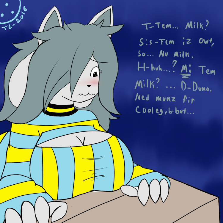 anthro big_breasts breasts cleavage cleavage_cutout clothed clothing cutout dialogue female fur hair shirt solo text tight_clothing tight_shirt tight_topwear topwear white_body white_fur trigoat undertale undertale_(series) temmie_(undertale) canid canine felid feline mammal tem 1:1 english_text