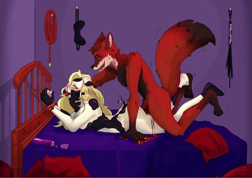 anthro ball_gag bdsm blood bodily_fluids bondage bound duo female gag gagged male male/female markings red_ball_gag sex_toy_background spot_pig spots spotted_markings whip unknown_artist canid canine domestic_pig fox mammal suid suina sus_(pig)