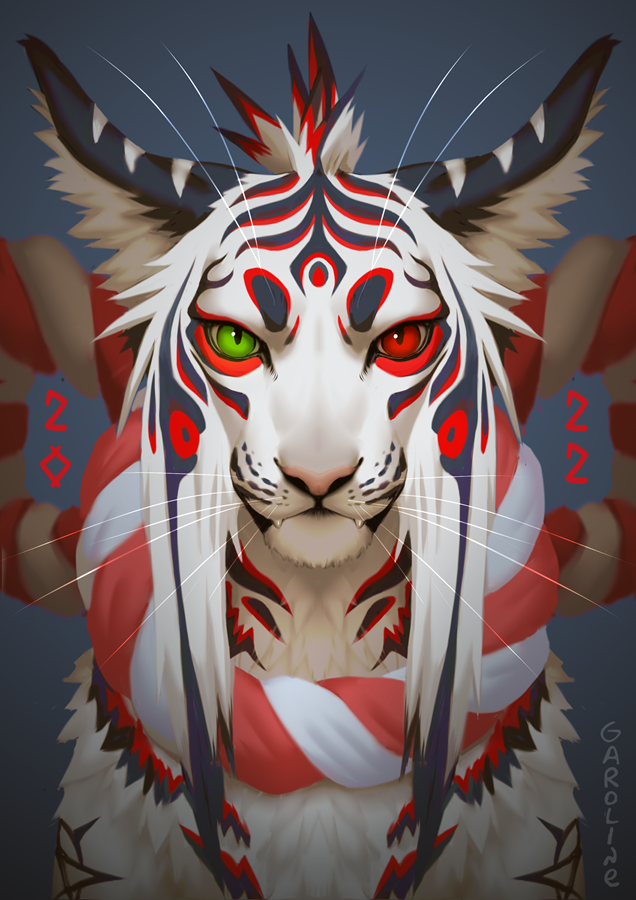 ambiguous_gender feral fur green_eyes hair horn looking_at_viewer red_eyes smile solo whiskers white_body white_fur white_hair kero_tzuki 2022 digital_media_(artwork)